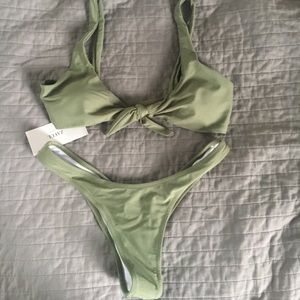 Army green tie front bikini set